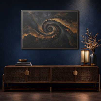 Mockup 4. Abstract Golden Swirl Black And Gold shown as stretched canvas wall art