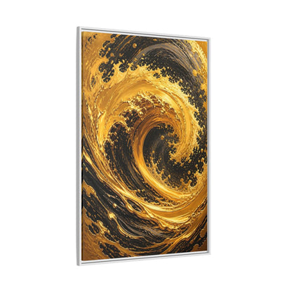 Side Mockup 7. Abstract Golden Swirl Gold And Black shown as stretched canvas wall art