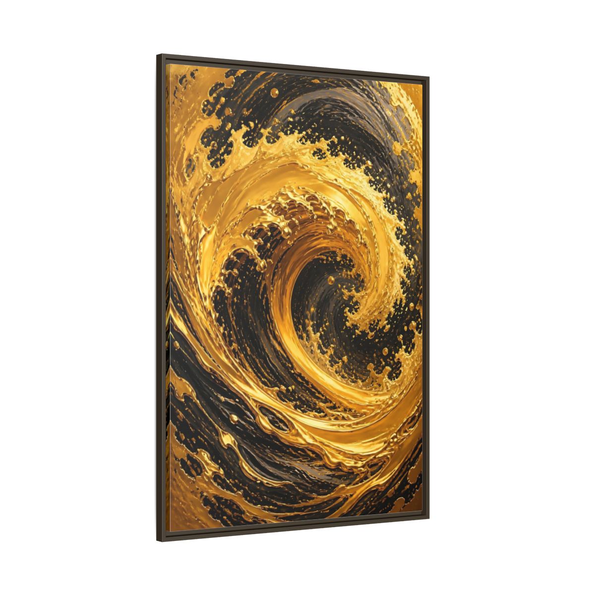 Side Mockup 8. Abstract Golden Swirl Gold And Black shown as stretched canvas wall art