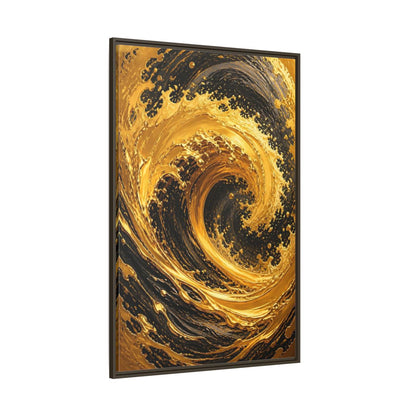 Side Mockup 8. Abstract Golden Swirl Gold And Black shown as stretched canvas wall art