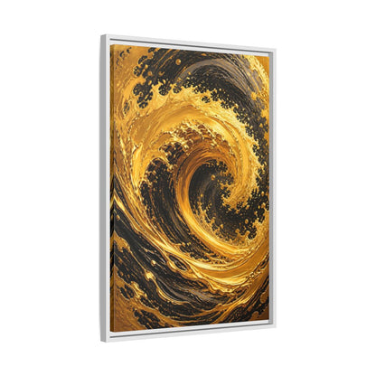 Side Mockup 10. Abstract Golden Swirl Gold And Black shown as stretched canvas wall art