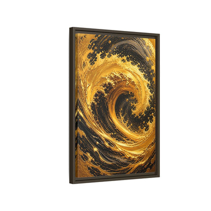 Side Mockup 2. Abstract Golden Swirl Gold And Black shown as stretched canvas wall art