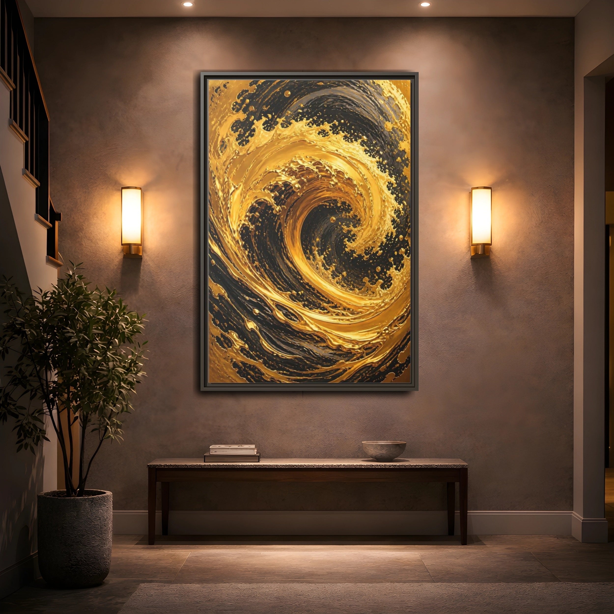 Mockup 2. Abstract Golden Swirl Gold And Black shown as stretched canvas wall art