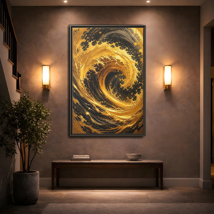 Mockup 2. Abstract Golden Swirl Gold And Black shown as stretched canvas wall art