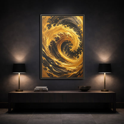Mockup 3. Abstract Golden Swirl Gold And Black shown as stretched canvas wall art