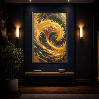 Mockup 4. Abstract Golden Swirl Gold And Black shown as stretched canvas wall art