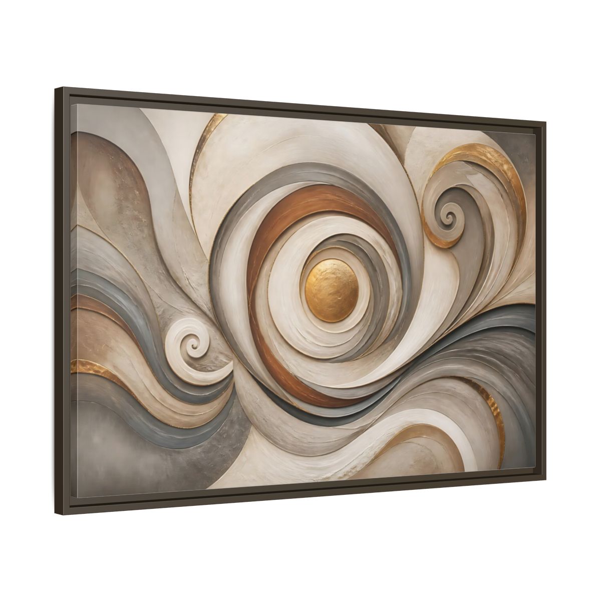 Main Mockup. Abstract Golden Swirl Gold And Gray Abstract shown as stretched canvas wall art