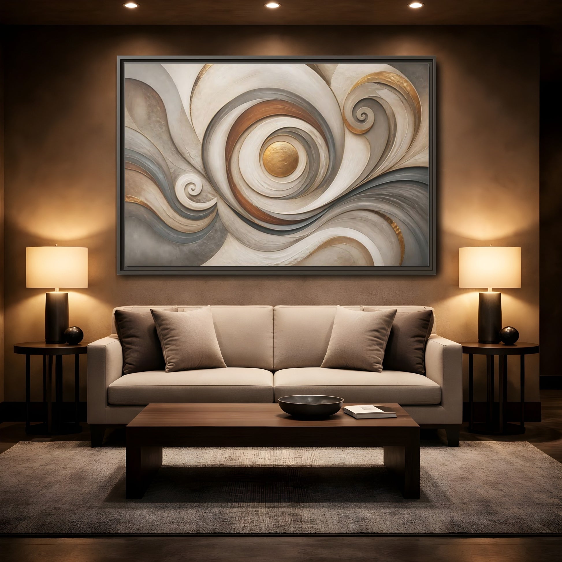 Mockup 2. Abstract Golden Swirl Gold And Gray Abstract shown as stretched canvas wall art