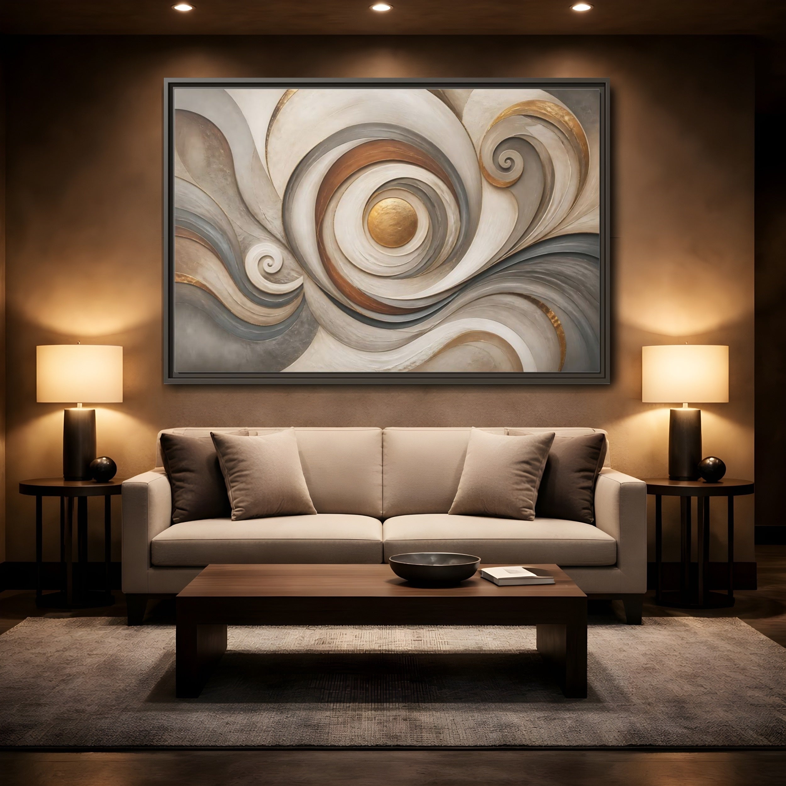 Mockup 2. Abstract Golden Swirl Gold And Gray Abstract shown as stretched canvas wall art