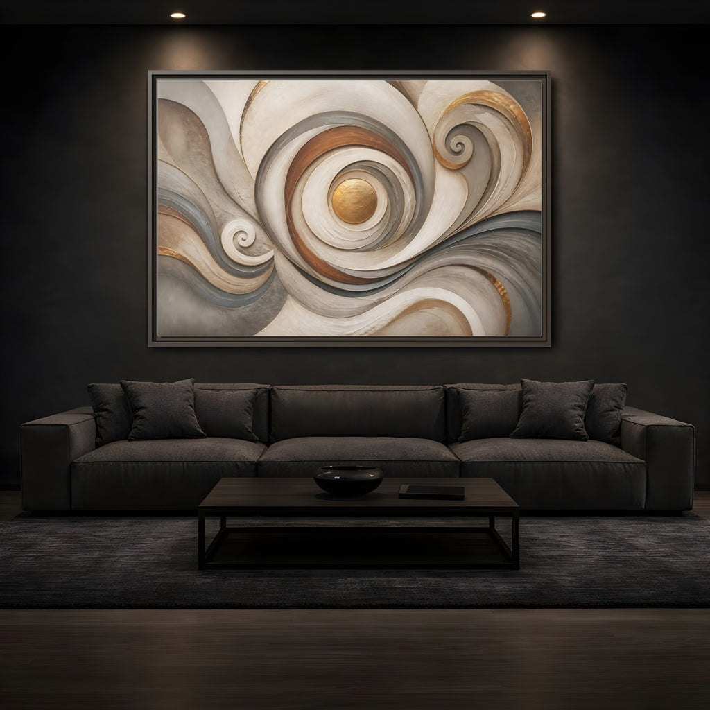 Mockup 3. Abstract Golden Swirl Gold And Gray Abstract shown as stretched canvas wall art