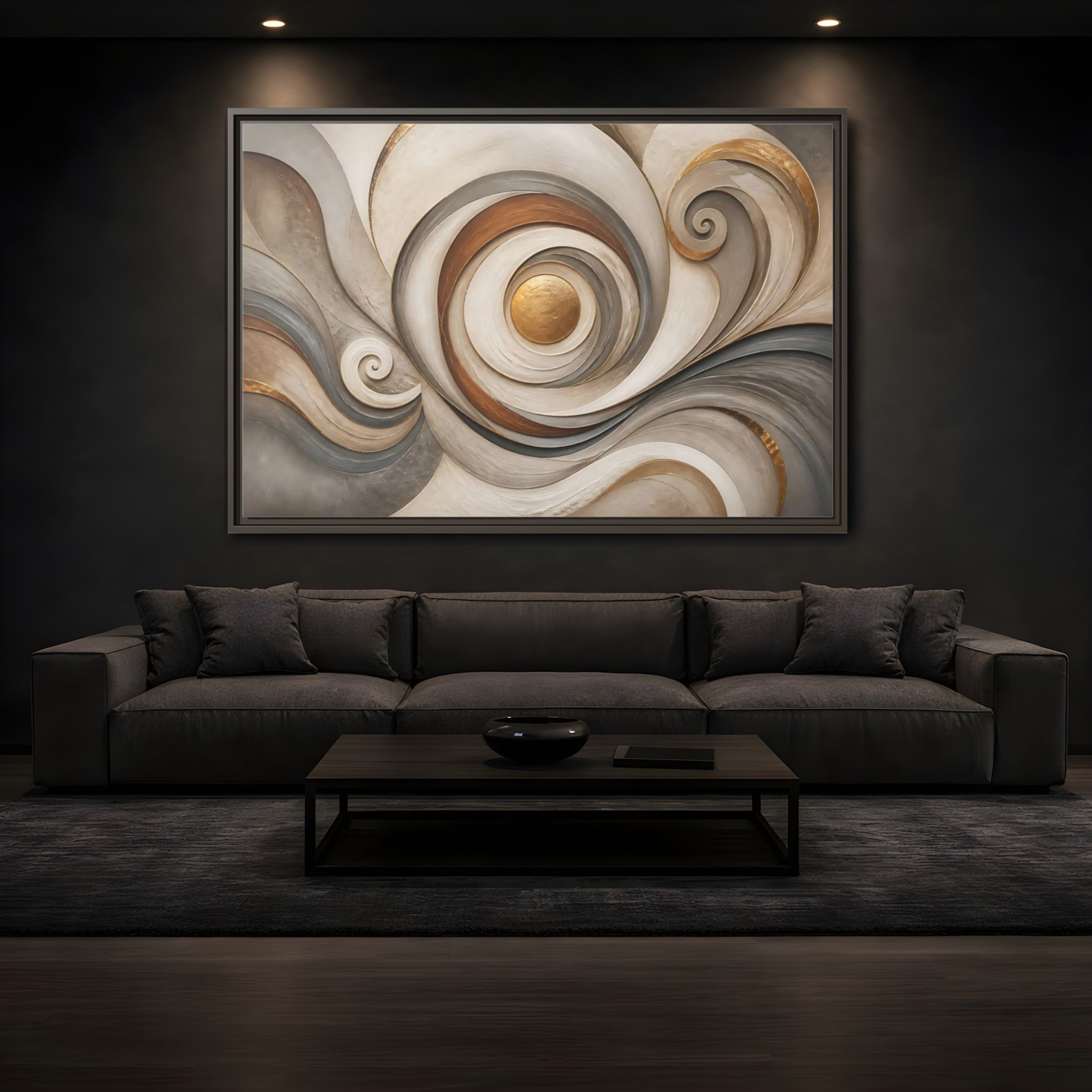 Mockup 3. Abstract Golden Swirl Gold And Gray Abstract shown as stretched canvas wall art