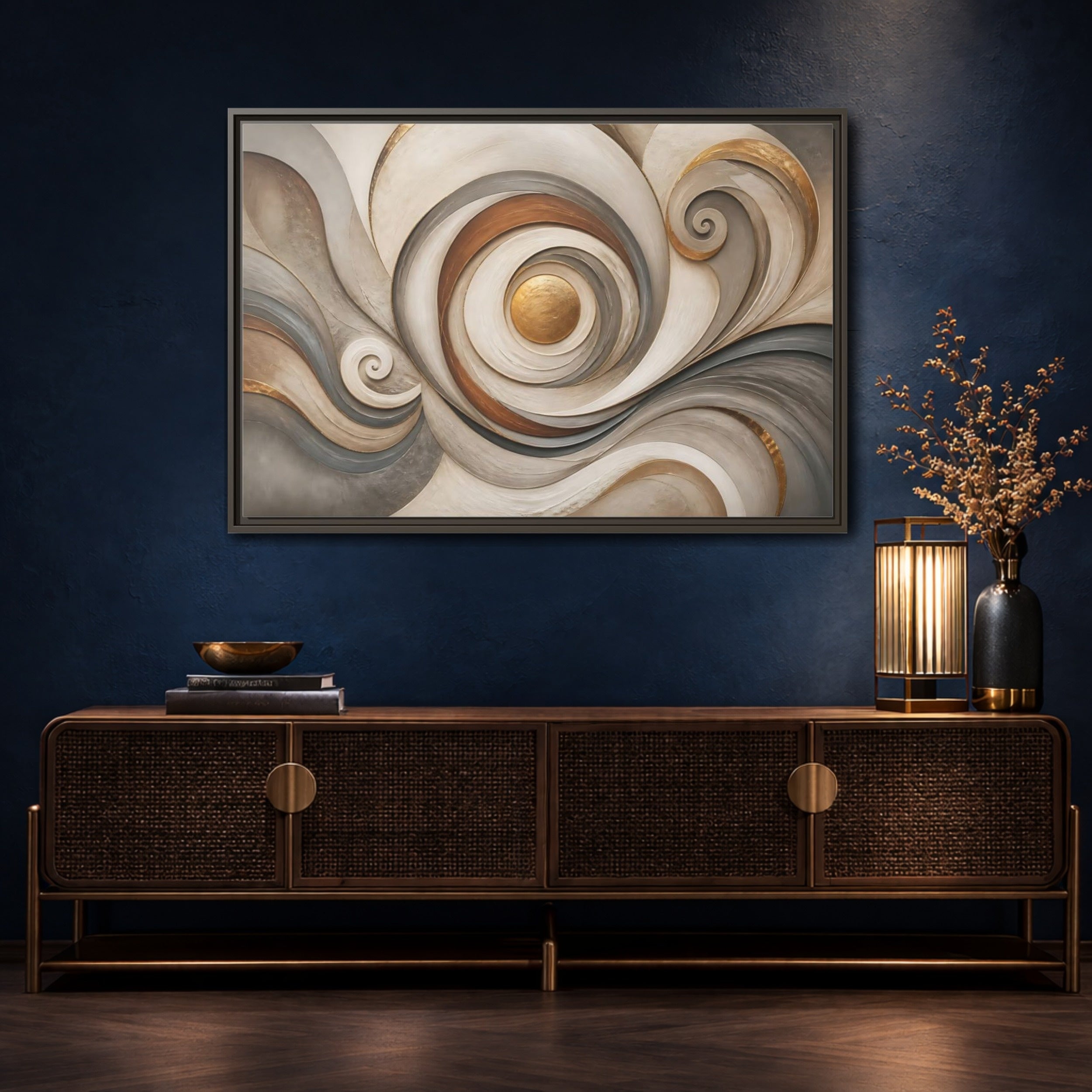Mockup 4. Abstract Golden Swirl Gold And Gray Abstract shown as stretched canvas wall art