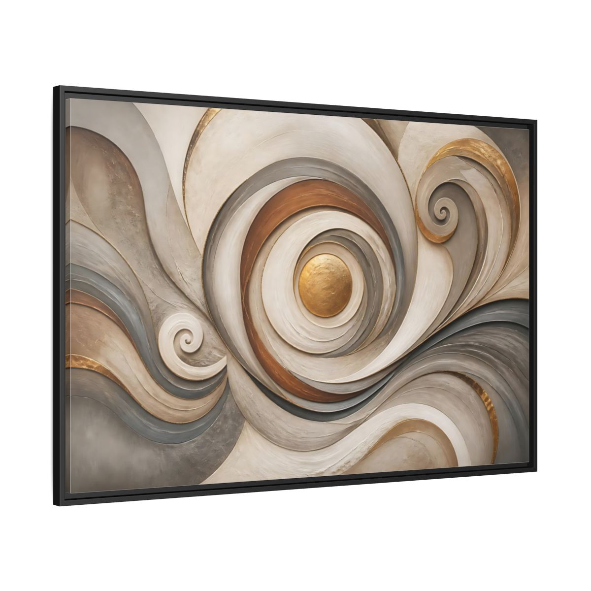 Side Mockup 12. Abstract Golden Swirl Gold And Gray Abstract shown as stretched canvas wall art