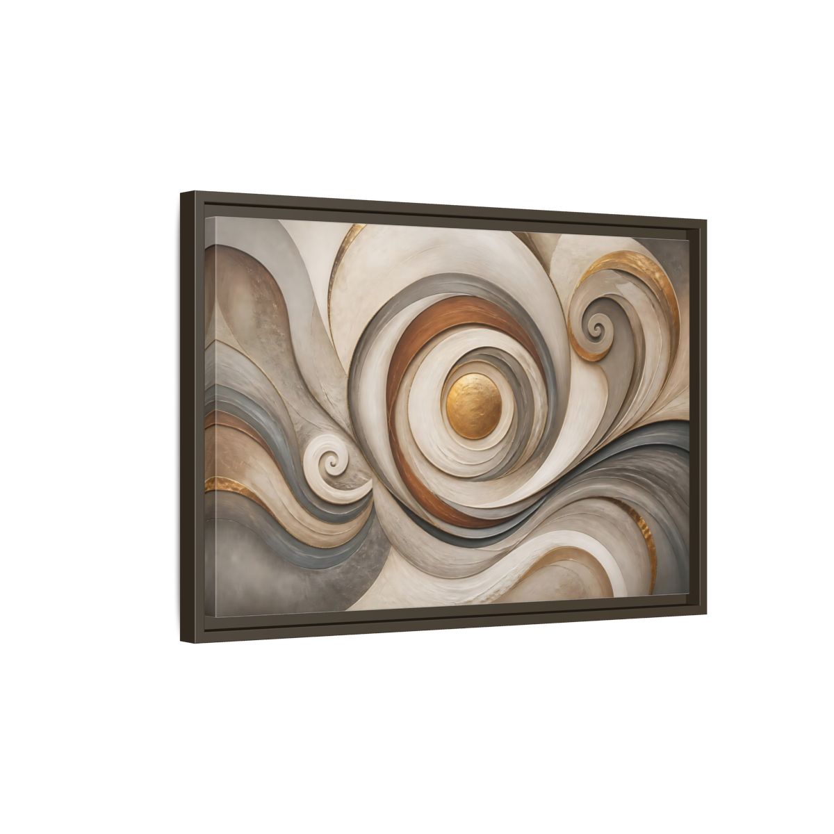 Side Mockup 2. Abstract Golden Swirl Gold And Gray Abstract shown as stretched canvas wall art