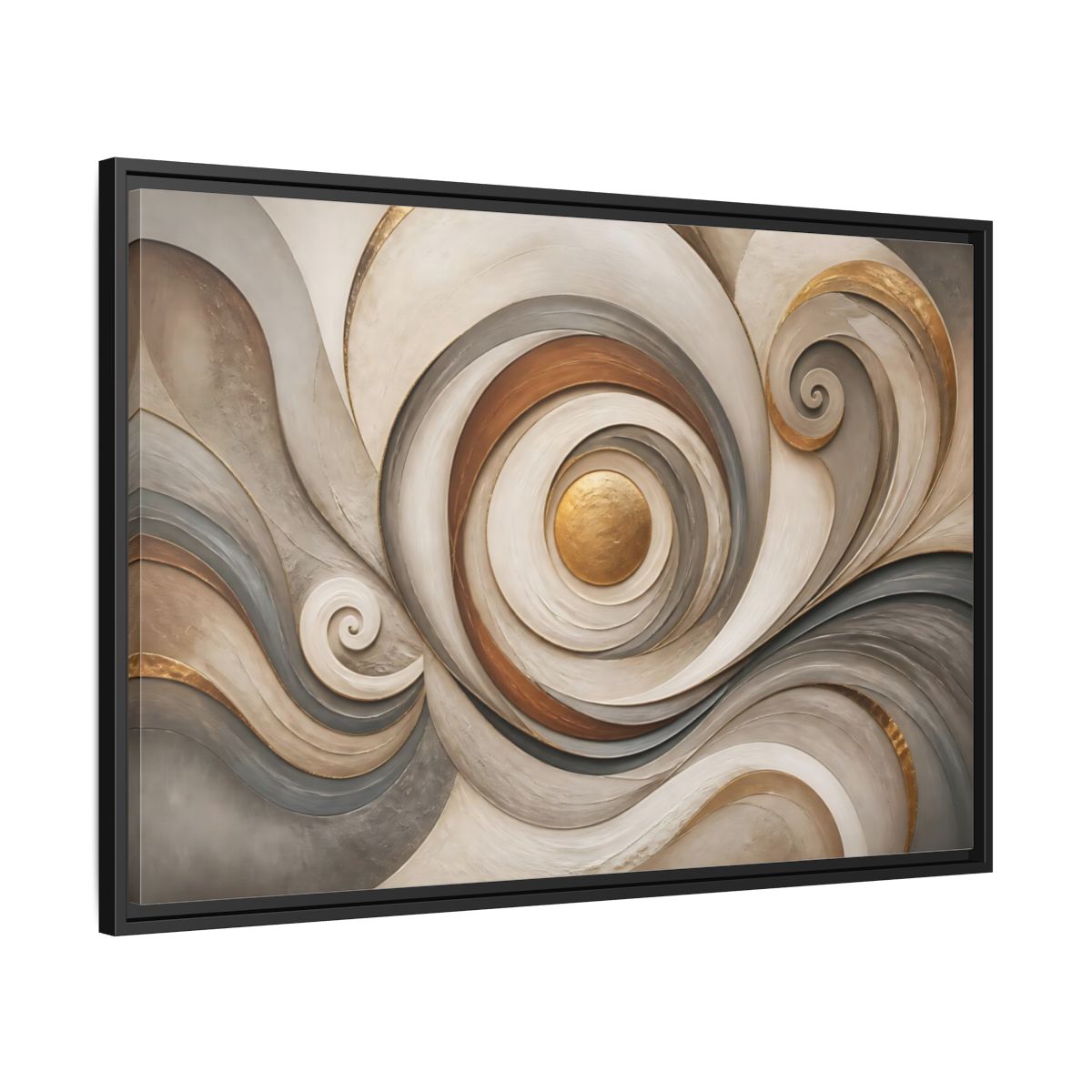 Side Mockup 13. Abstract Golden Swirl Gold And Gray Abstract shown as stretched canvas wall art