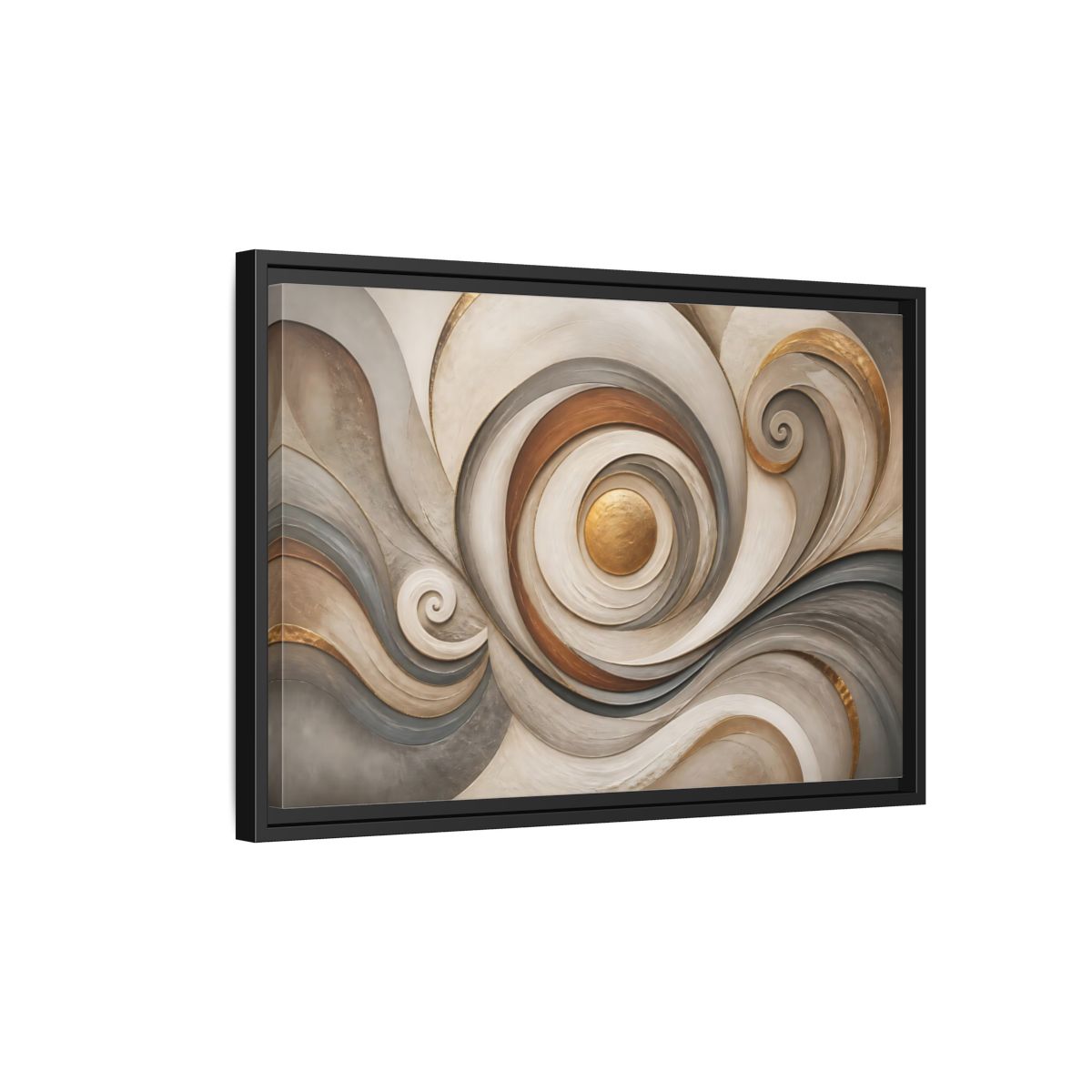 Side Mockup 3. Abstract Golden Swirl Gold And Gray Abstract shown as stretched canvas wall art
