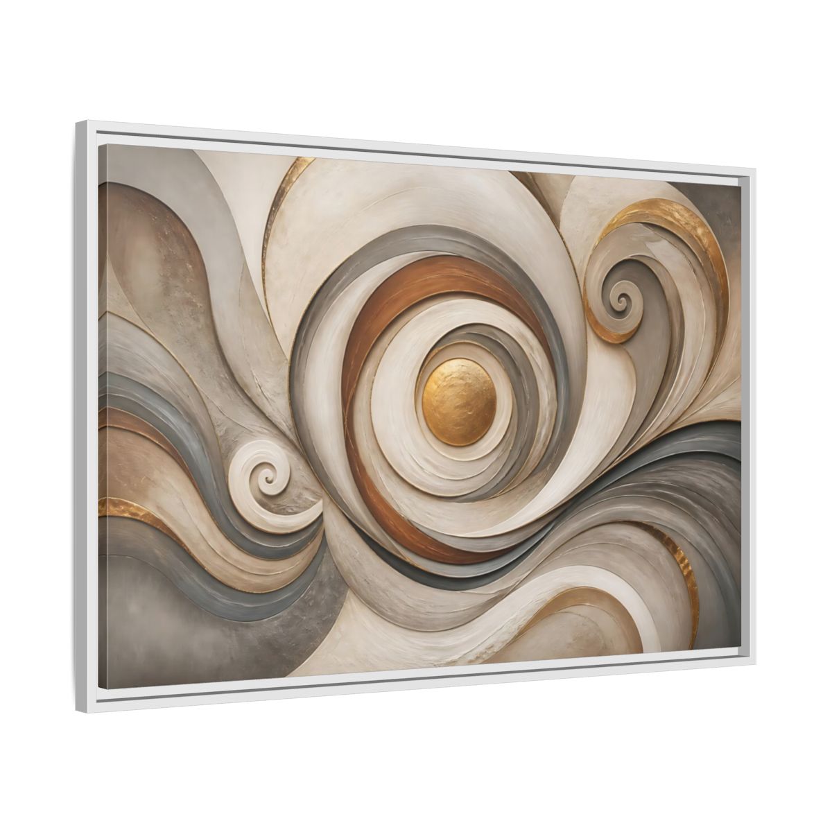 Side Mockup 9. Abstract Golden Swirl Gold And Gray Abstract shown as stretched canvas wall art