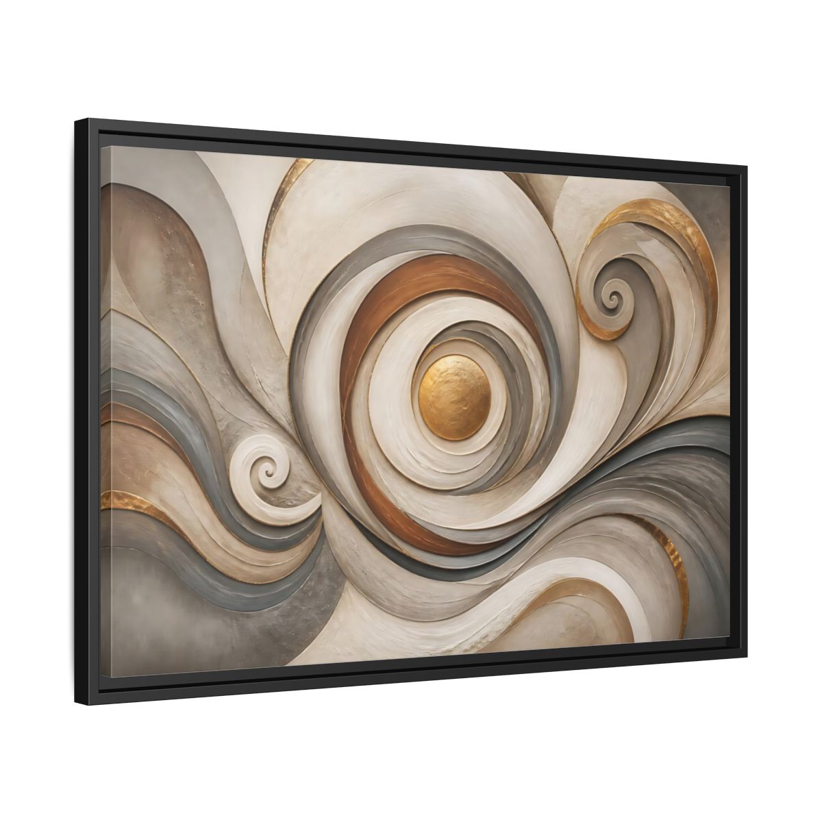Side Mockup 14. Abstract Golden Swirl Gold And Gray Abstract shown as stretched canvas wall art