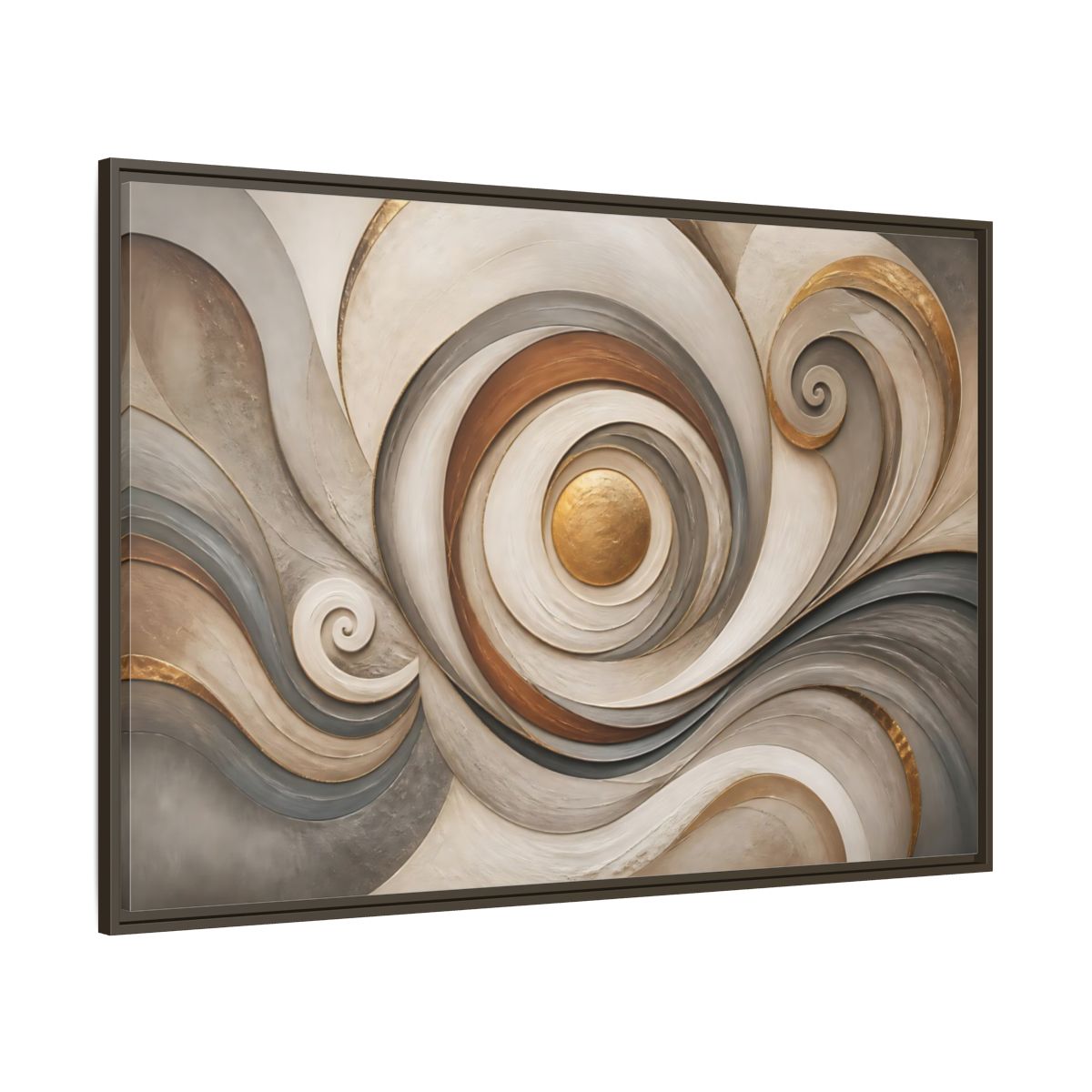 Side Mockup 8. Abstract Golden Swirl Gold And Gray Abstract shown as stretched canvas wall art