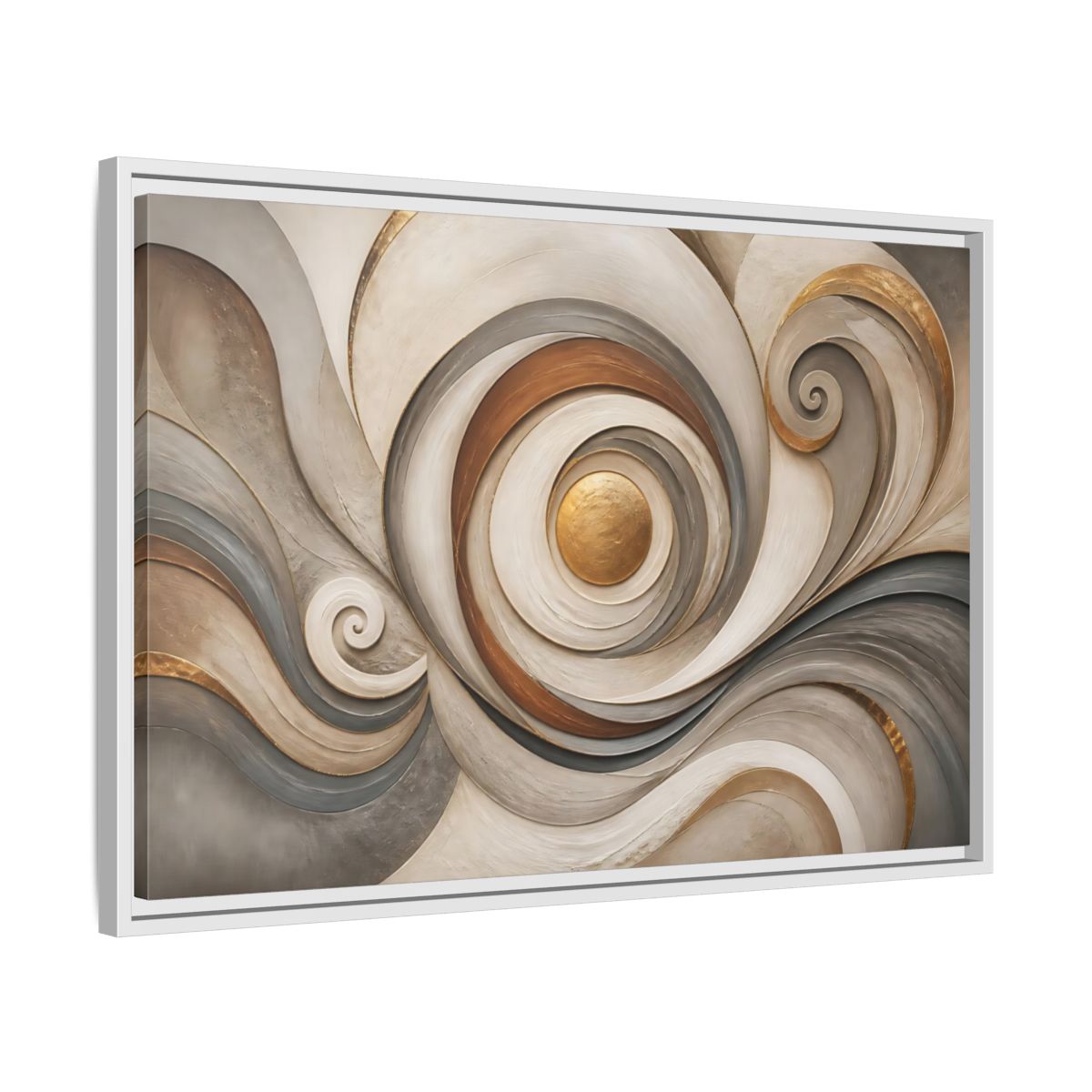 Side Mockup 10. Abstract Golden Swirl Gold And Gray Abstract shown as stretched canvas wall art