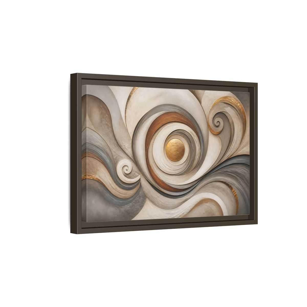 Side Mockup 5. Abstract Golden Swirl Gold And Gray Abstract shown as stretched canvas wall art