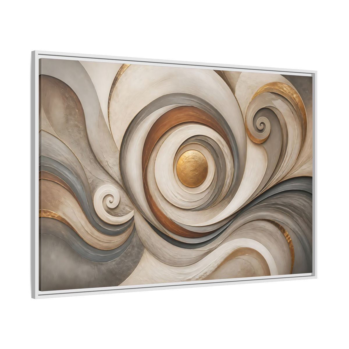 Side Mockup 7. Abstract Golden Swirl Gold And Gray Abstract shown as stretched canvas wall art