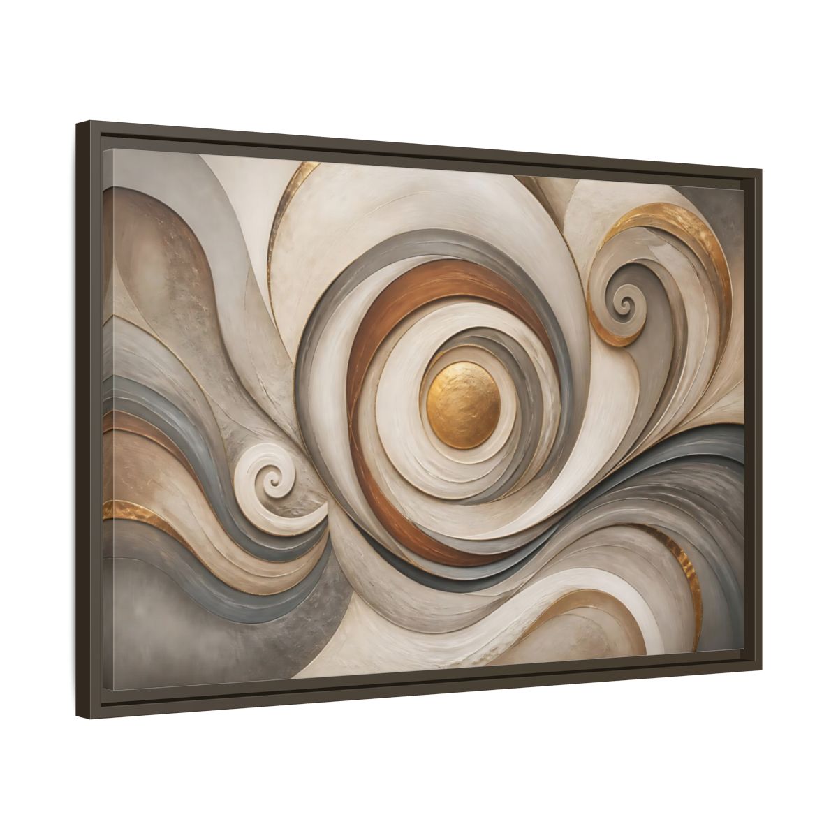 Side Mockup 11. Abstract Golden Swirl Gold And Gray Abstract shown as stretched canvas wall art
