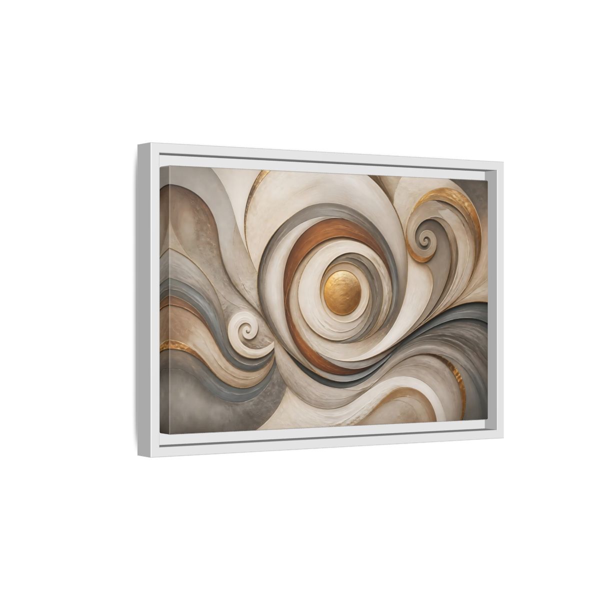 Side Mockup 4. Abstract Golden Swirl Gold And Gray Abstract shown as stretched canvas wall art