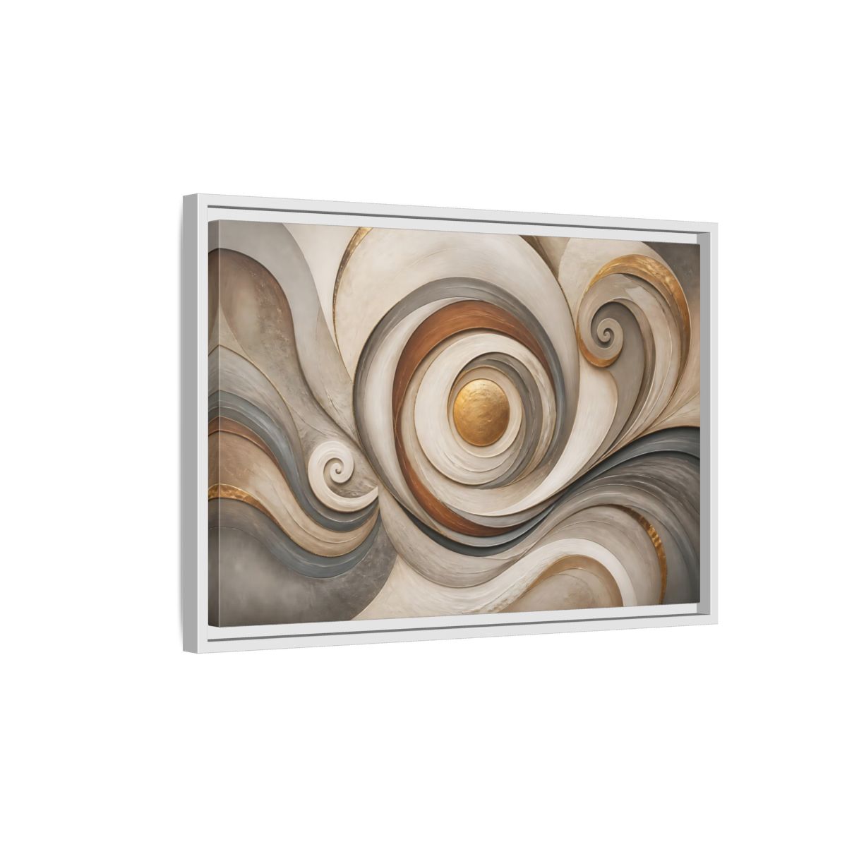 Side Mockup 1. Abstract Golden Swirl Gold And Gray Abstract shown as stretched canvas wall art