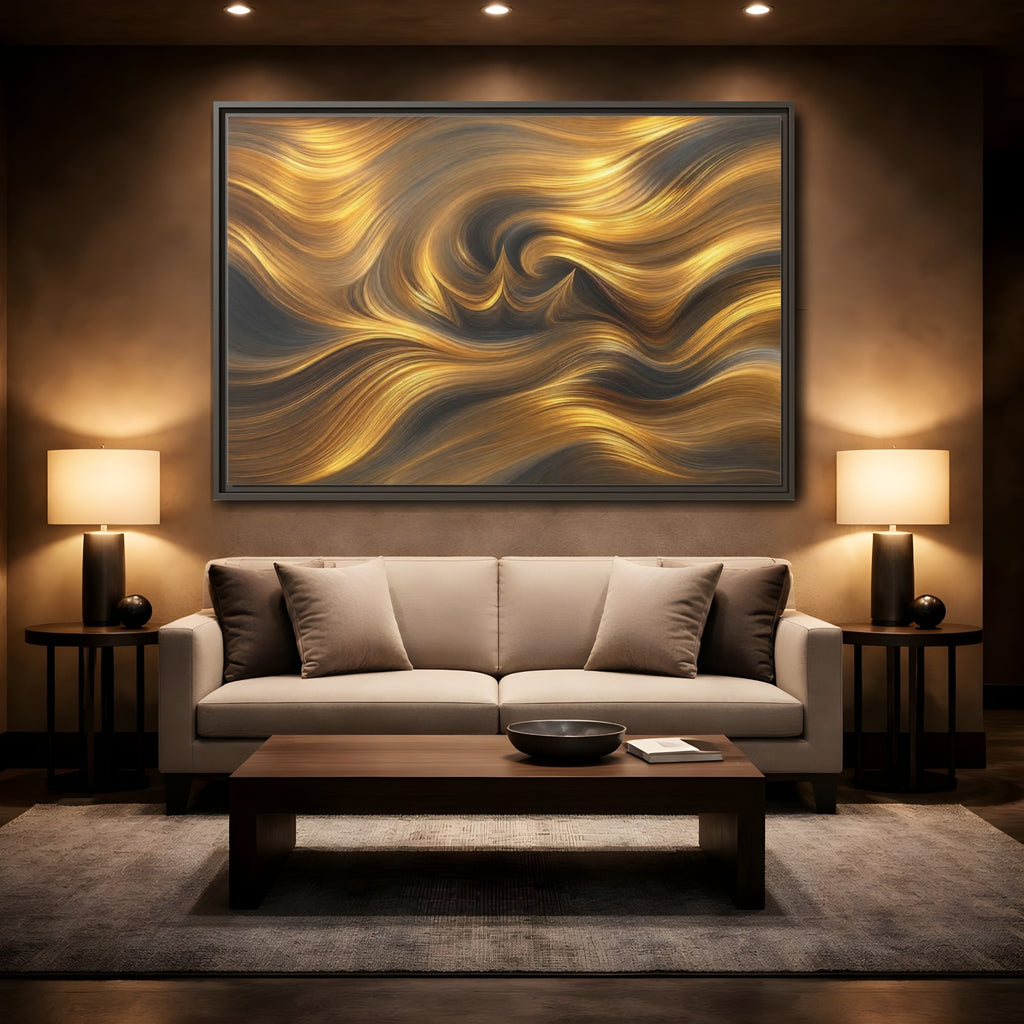 Mockup 2. Abstract Golden Swirls Gold Swirls shown as stretched canvas wall art