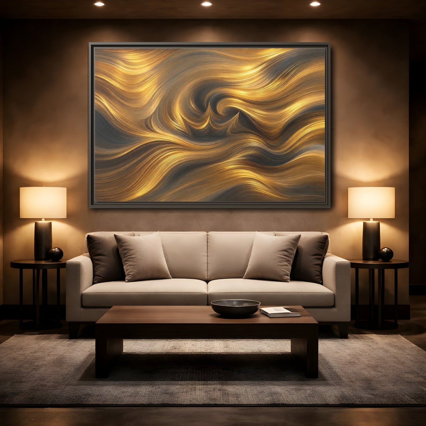 Mockup 2. Abstract Golden Swirls Gold Swirls shown as stretched canvas wall art