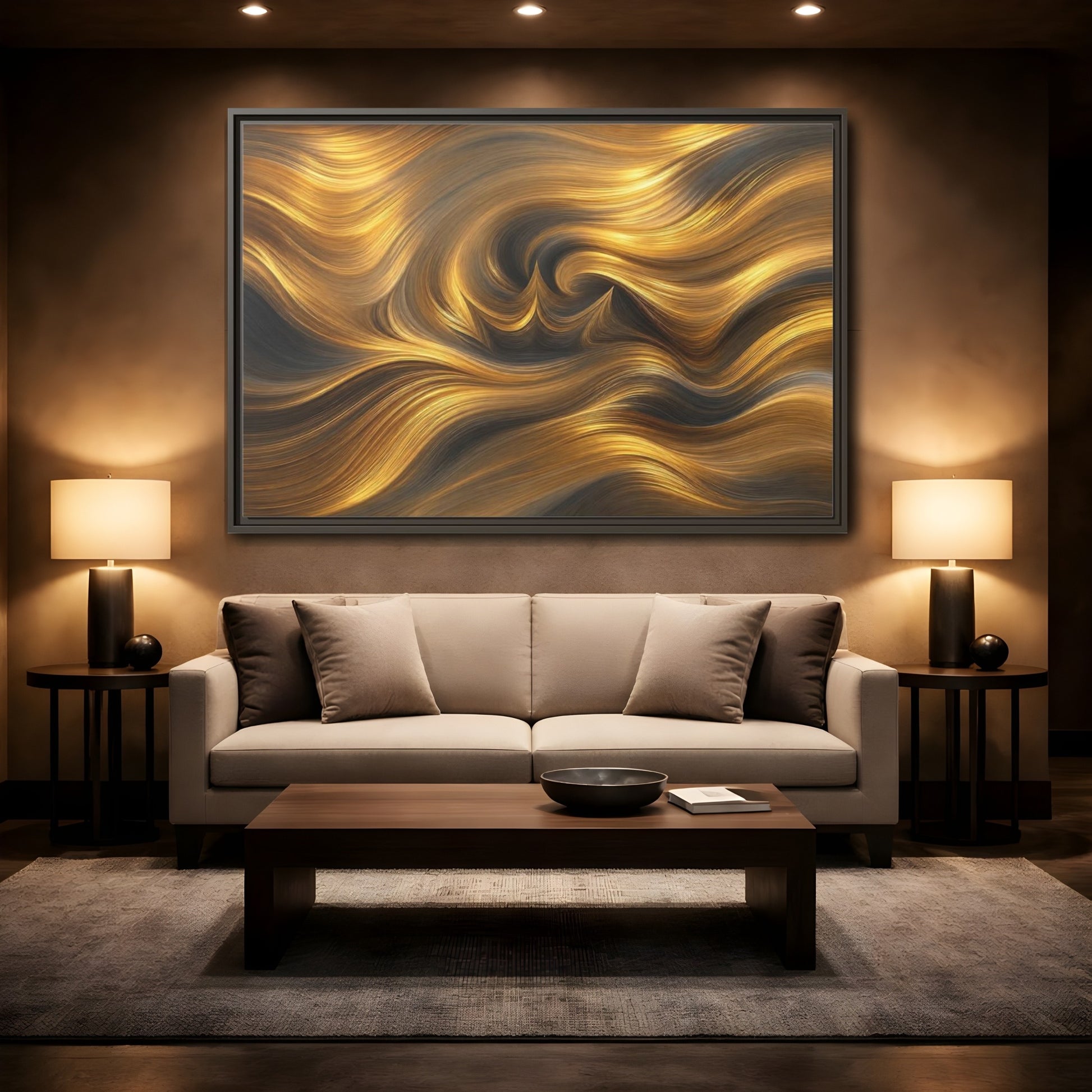 Mockup 2. Abstract Golden Swirls Gold Swirls shown as stretched canvas wall art