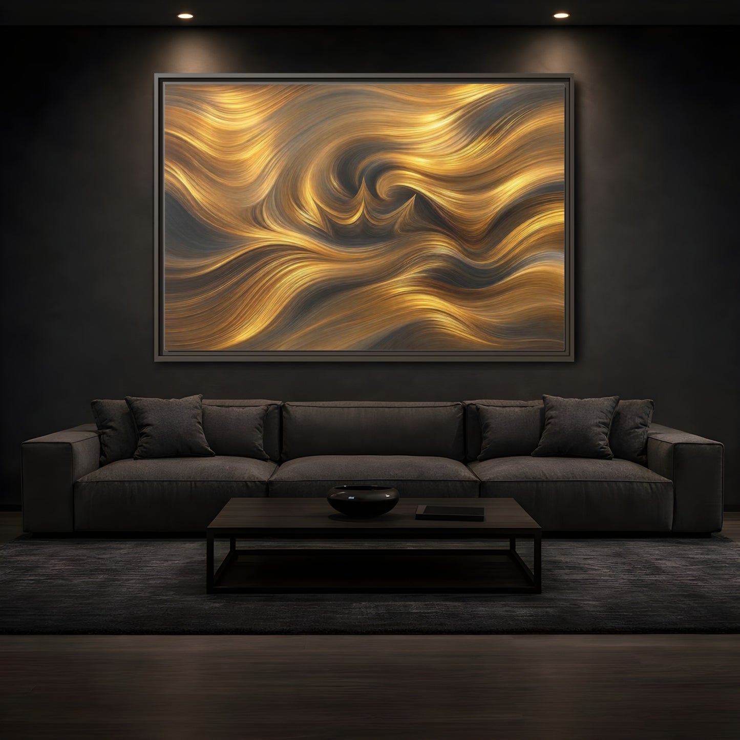 Mockup 3. Abstract Golden Swirls Gold Swirls shown as stretched canvas wall art