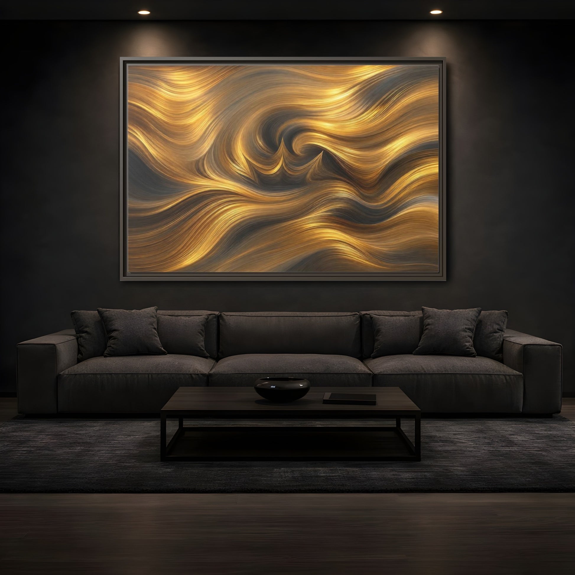 Mockup 3. Abstract Golden Swirls Gold Swirls shown as stretched canvas wall art
