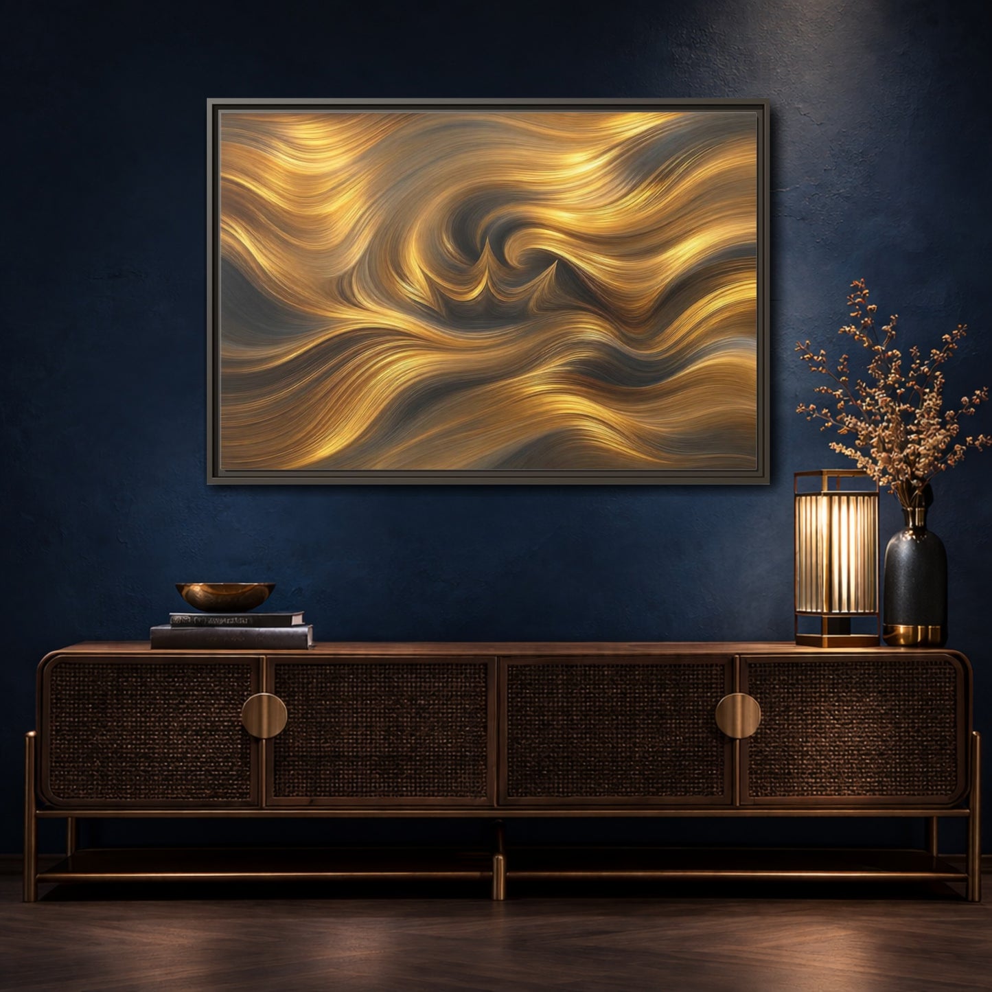 Mockup 4. Abstract Golden Swirls Gold Swirls shown as stretched canvas wall art