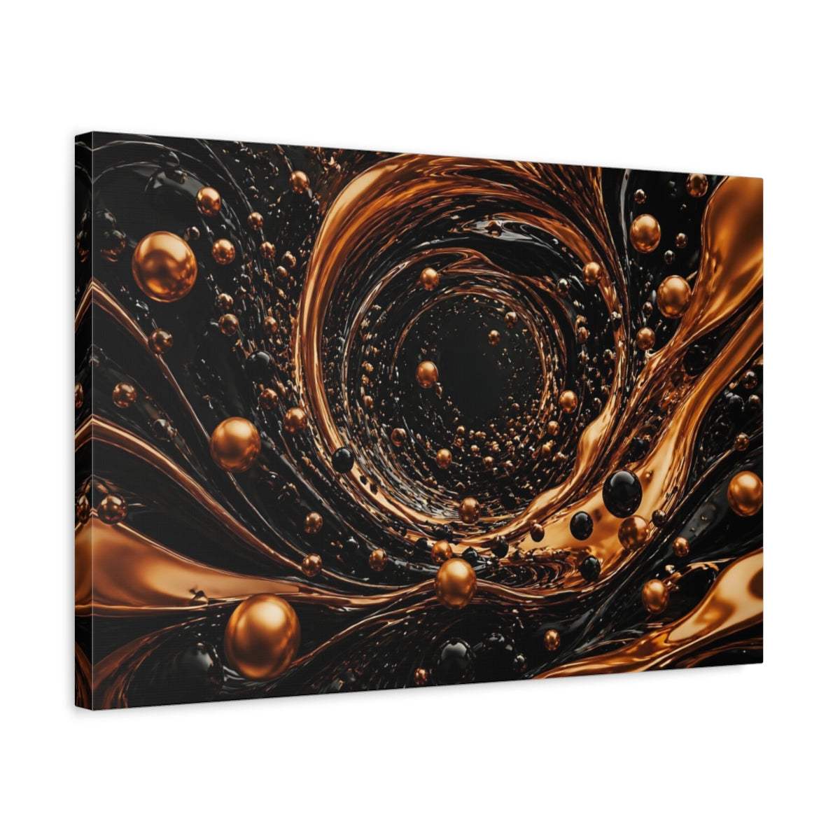 Side Mockup 3. Abstract Golden Vortex Black And Gold shown as stretched canvas wall art