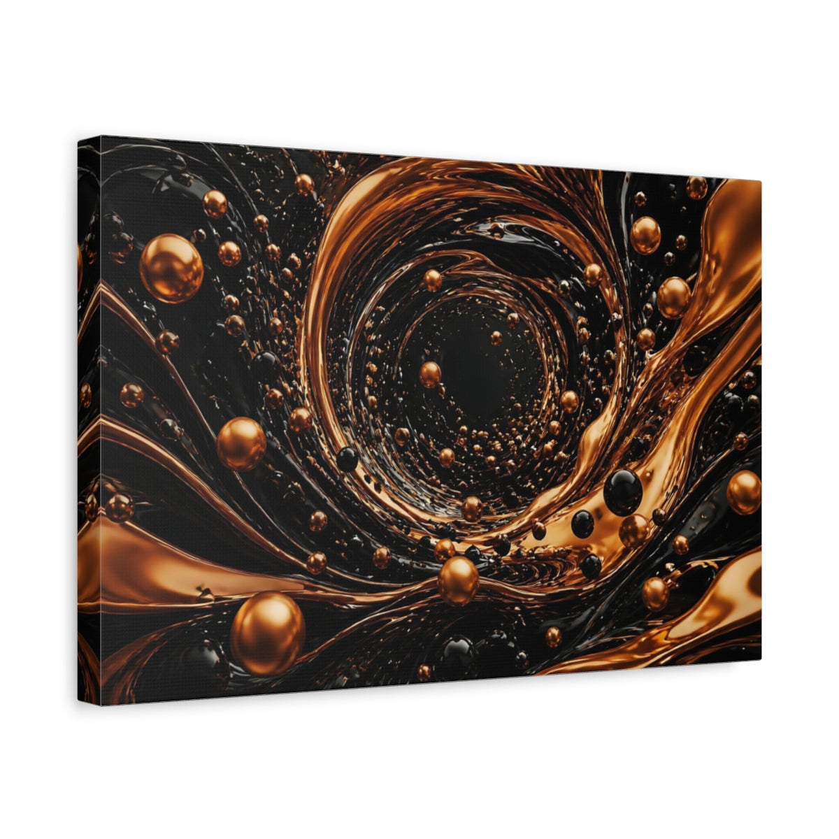 Side Mockup 4. Abstract Golden Vortex Black And Gold shown as stretched canvas wall art
