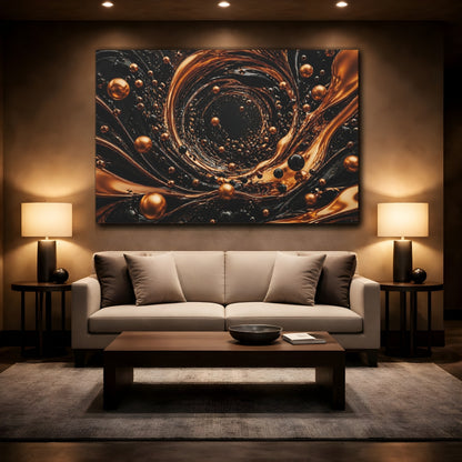 Mockup 2. Abstract Golden Vortex Black And Gold shown as stretched canvas wall art