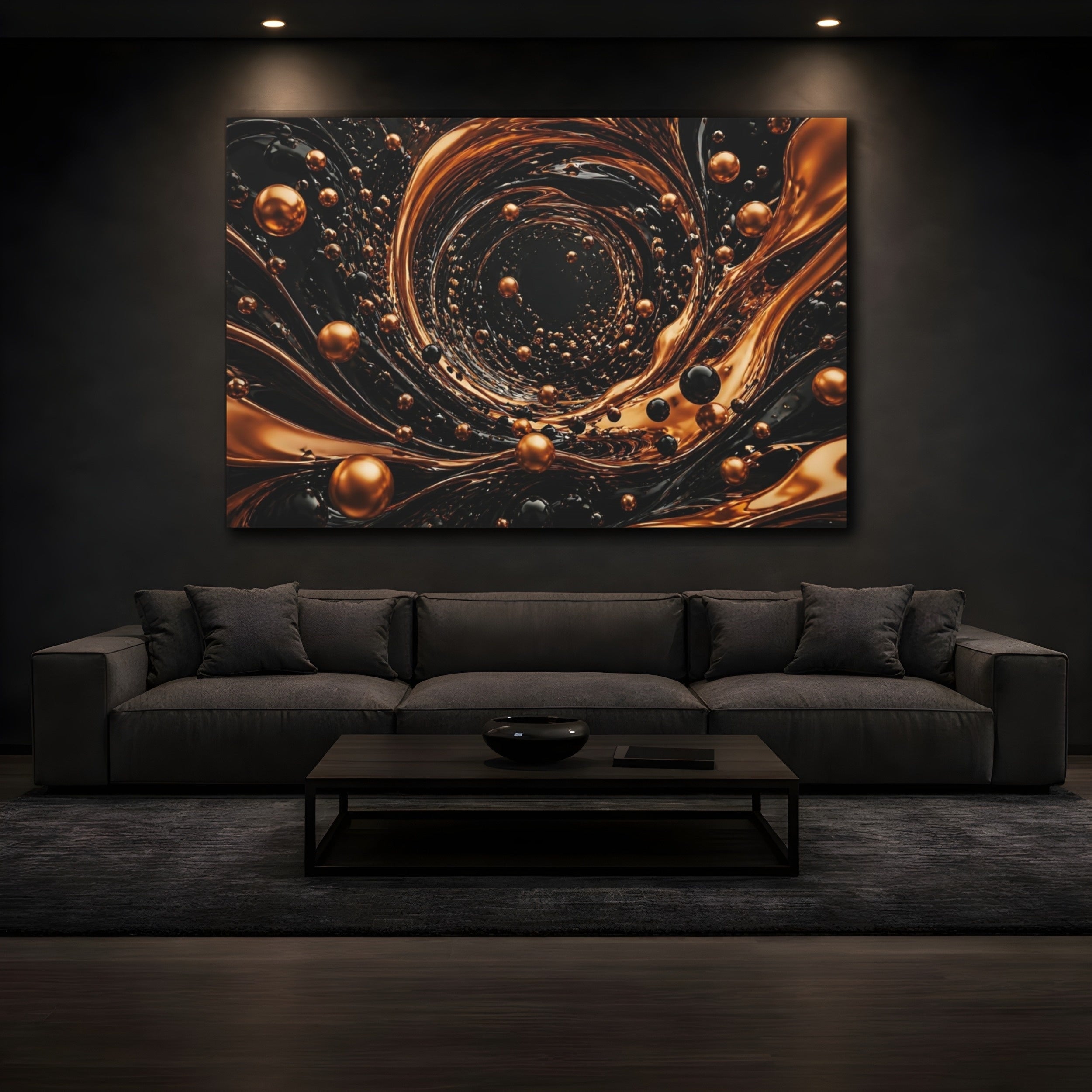 Mockup 3. Abstract Golden Vortex Black And Gold shown as stretched canvas wall art