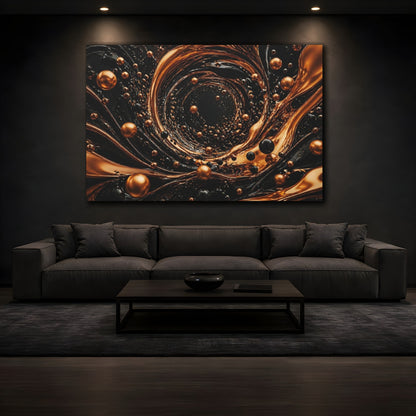 Mockup 3. Abstract Golden Vortex Black And Gold shown as stretched canvas wall art