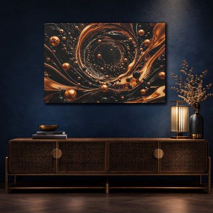 Mockup 4. Abstract Golden Vortex Black And Gold shown as stretched canvas wall art