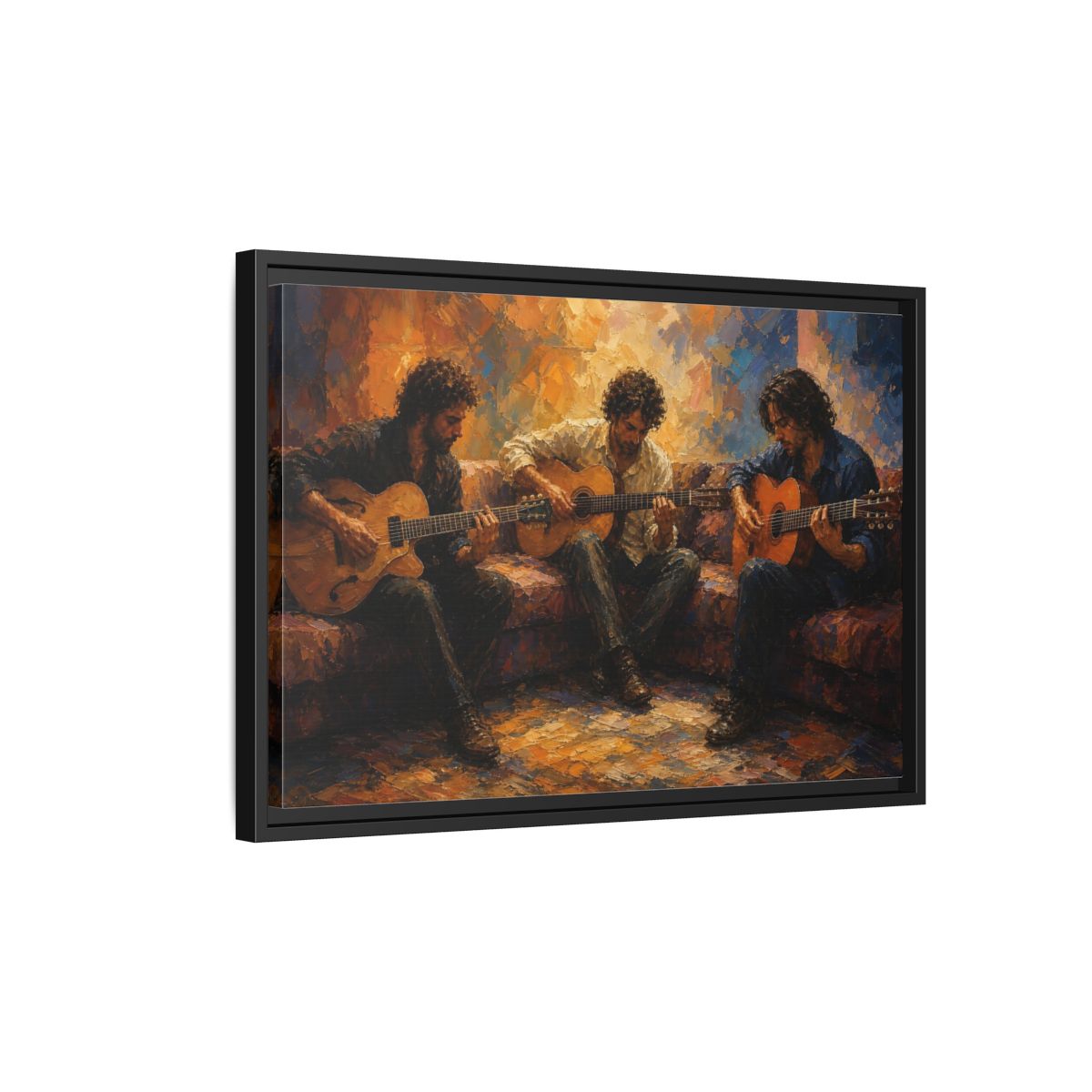 Side Mockup 3. Abstract Guitar Players Warm Toned Guitars shown as framed canvas print