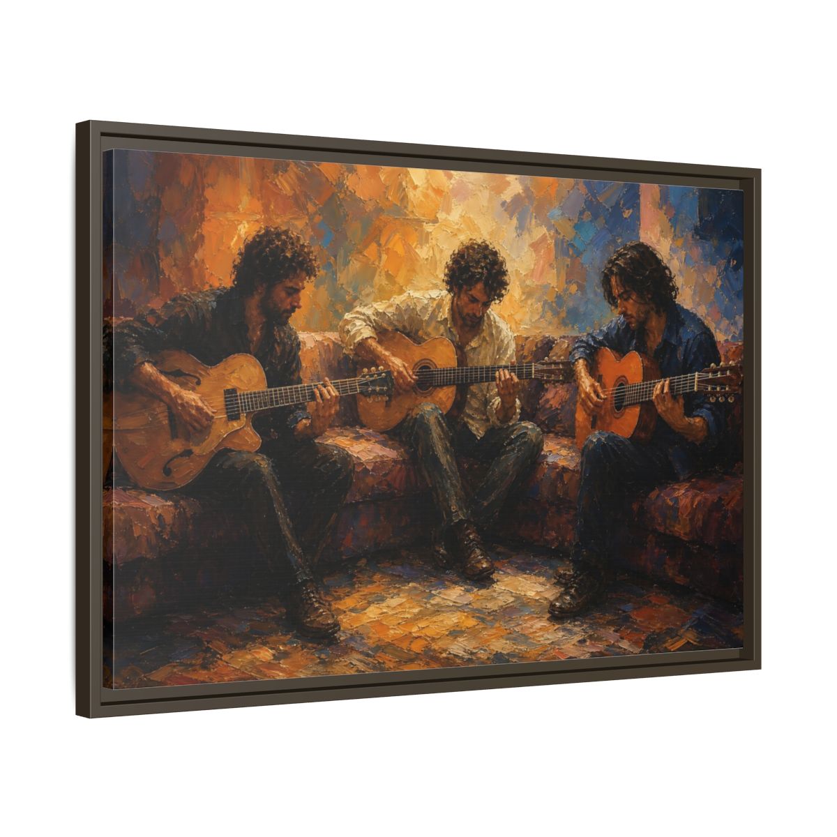 Side Mockup 11. Abstract Guitar Players Warm Toned Guitars shown as framed canvas print