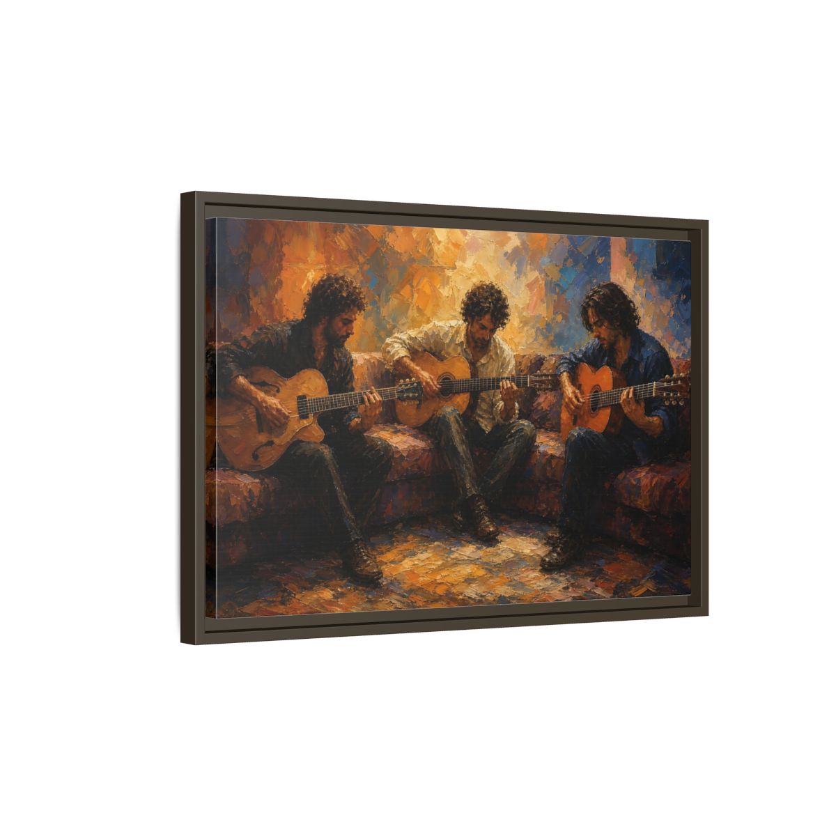 Side Mockup 2. Abstract Guitar Players Warm Toned Guitars shown as framed canvas print