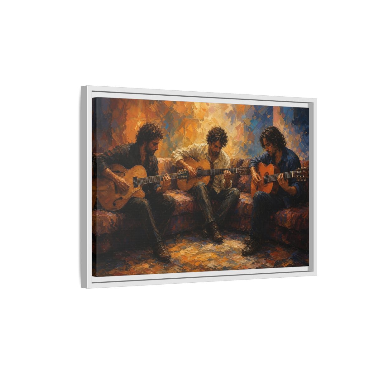 Side Mockup 1. Abstract Guitar Players Warm Toned Guitars shown as framed canvas print