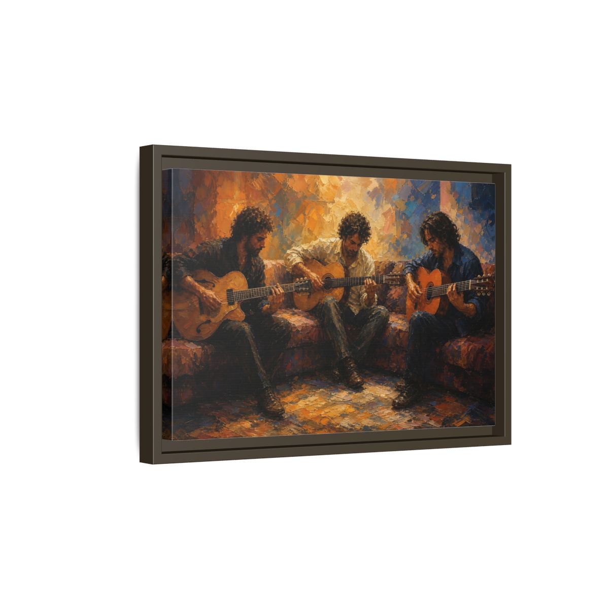 Side Mockup 5. Abstract Guitar Players Warm Toned Guitars shown as framed canvas print