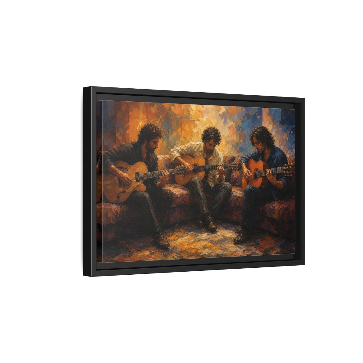 Side Mockup 6. Abstract Guitar Players Warm Toned Guitars shown as framed canvas print