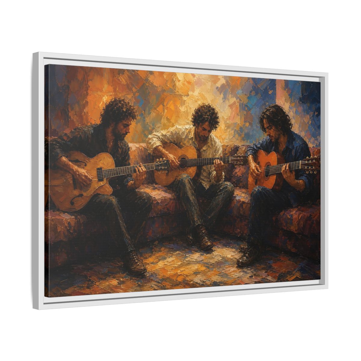 Side Mockup 10. Abstract Guitar Players Warm Toned Guitars shown as framed canvas print