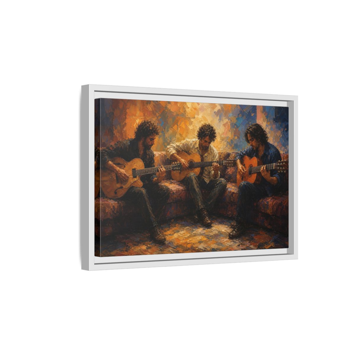 Side Mockup 4. Abstract Guitar Players Warm Toned Guitars shown as framed canvas print