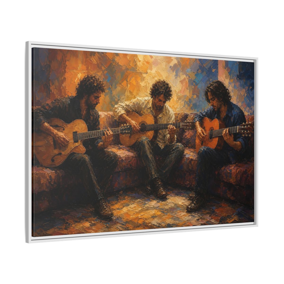 Side Mockup 7. Abstract Guitar Players Warm Toned Guitars shown as framed canvas print